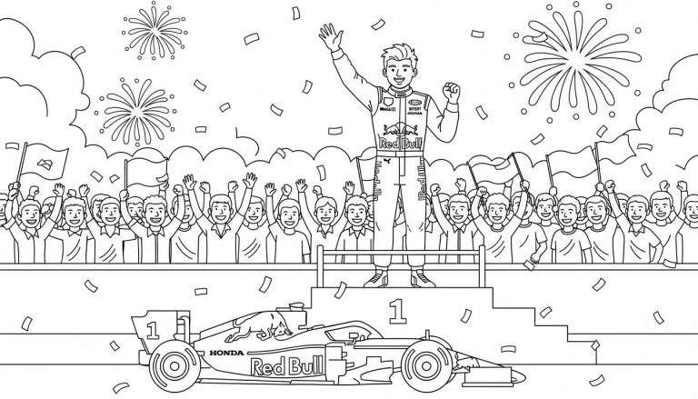 Zwart-wit kleurplaat van een Red Bull Formule 1 coureur (Max Verstappen) op een podium, juichend na een overwinning, met F1 auto #1, publiek, confetti en vuurwerk.