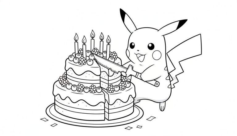 Zwart-wit kleurplaat van een lachende Pikachu die een tweelaagse verjaardagstaart met zes brandende kaarsjes en bessen aansnijdt, met een mes in zijn hand.