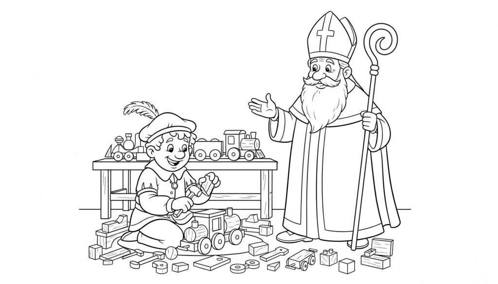Zwart-wit kleurplaat van Sinterklaas die toekijkt hoe een vrolijke jongen met een muts met veer op de grond speelt met houten trein en bouwblokken, omringd door veel speelgoed.