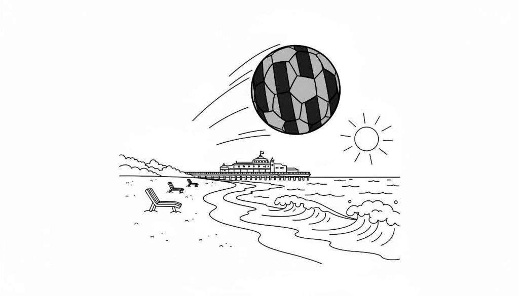 Zwart-wit kleurplaat van een strandscène met een klassieke voetbal in de lucht, een pier met gebouw, zon, twee strandstoelen en golven. ADO Den Haag-thema.