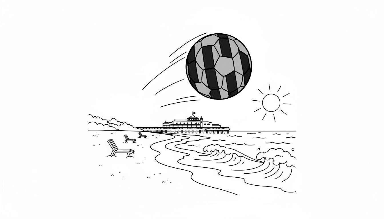 Zwart-wit kleurplaat van een strandscène met een klassieke voetbal in de lucht, een pier met gebouw, zon, twee strandstoelen en golven. ADO Den Haag-thema.