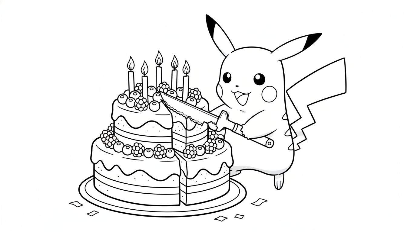 Zwart-wit kleurplaat van een lachende Pikachu die een tweelaagse verjaardagstaart met zes brandende kaarsjes en bessen aansnijdt, met een mes in zijn hand.