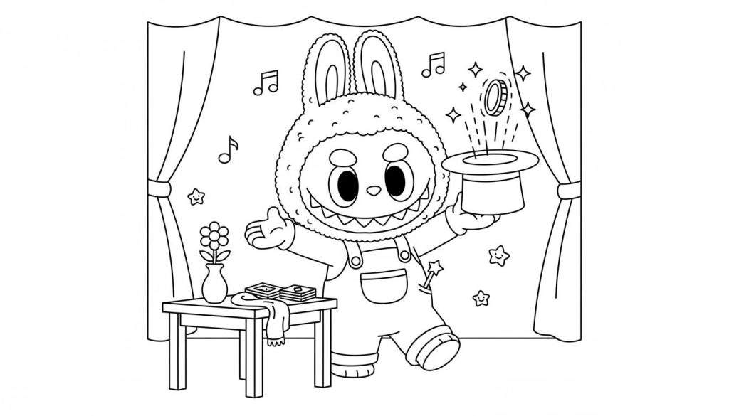 Kleurplaat van Labubu als goochelend konijn in tuinbroek, met een zwevend muntstuk uit een hoge hoed en een duim omhoog, op een podium met gordijnen, muzieknoten, sterren, en een tafeltje met accessoires.