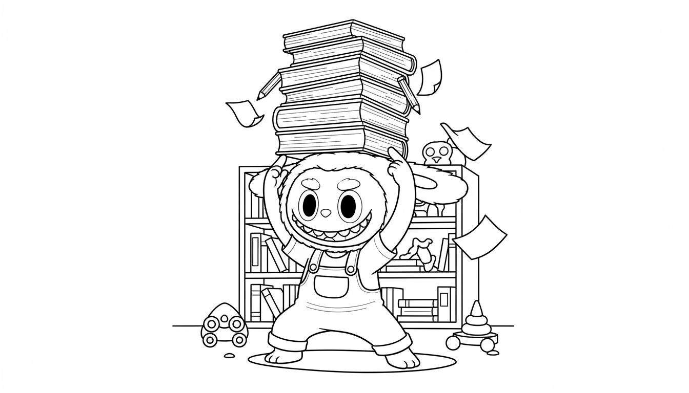 Kleurplaat van Labubu, een schattig aap-konijn figuurtje met grote oren, dat een stapel boeken op zijn hoofd balanceert. Op de achtergrond is een boekenkast te zien en op de vloer liggen speelgoedstukken zoals een autootje en een stapeltoren.