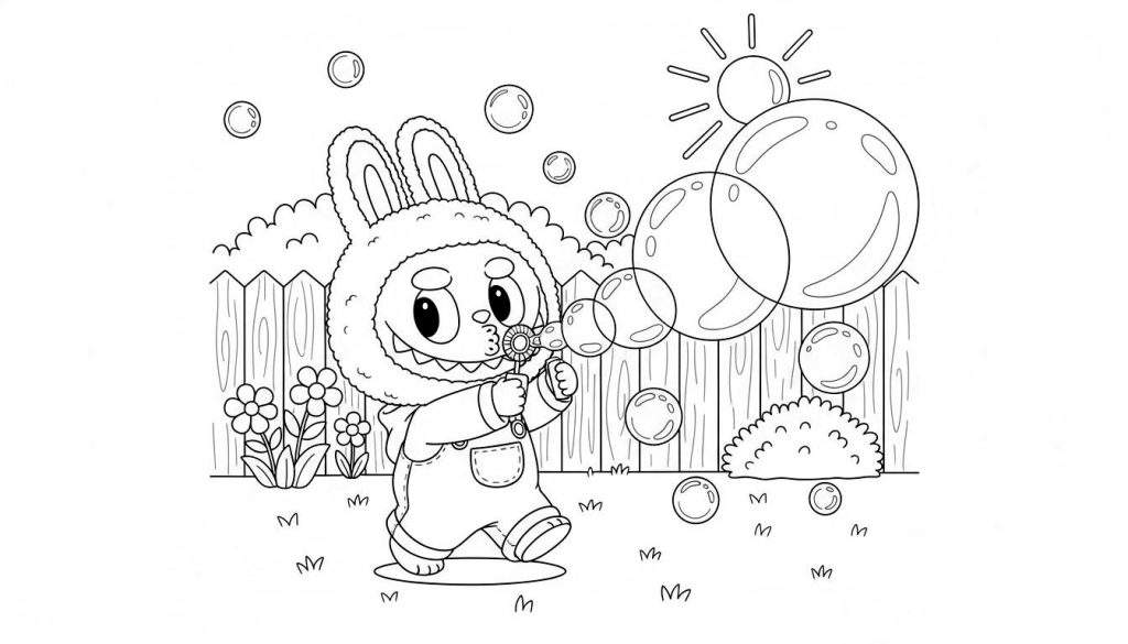 Zwart-wit Labubu konijntje in pluizig pak en tuinbroek blaast bellen met bellenblaasstokje. Op de achtergrond een houten hek, bloemen, gras en de zon met stralen.