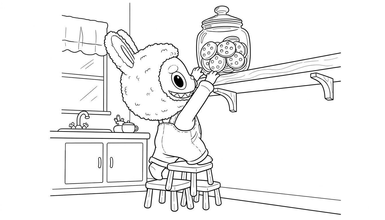 Labubu kleurplaat: harig, konijnachtig figuurtje op drie krukjes reikt lachend en met open ogen naar koekjespot op hoge plank in een gedetailleerde keuken.