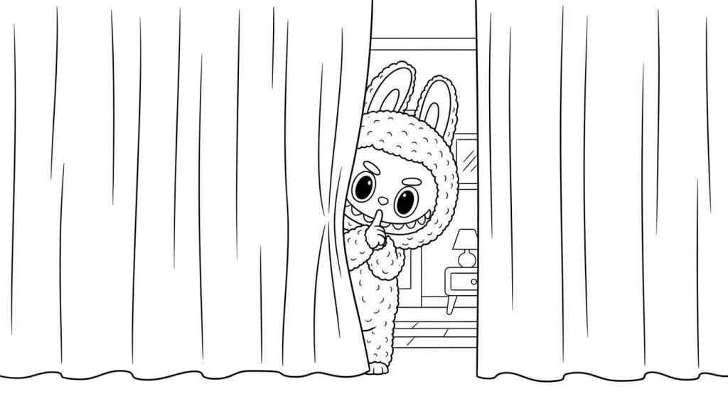 Zwart-witte kleurplaat van Labubu, een schattig fantasiewezen dat tussen gordijnen uitkijkt, met wijsvinger op de lippen en een glimlach. Achtergrond toont nachtkastje en lamp in een slaapkamer.