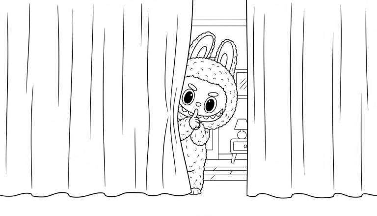 Zwart-witte kleurplaat van Labubu, een schattig fantasiewezen dat tussen gordijnen uitkijkt, met wijsvinger op de lippen en een glimlach. Achtergrond toont nachtkastje en lamp in een slaapkamer.