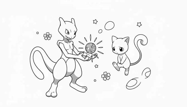 Zwart-wit kleurplaat van Mewtwo die een gloeiende energiebal vasthoudt en lachend naar Mew kijkt. Mew, zwevend, kijkt nieuwsgierig naar de bal. Achtergrond met bloemen, sterren en cirkels.