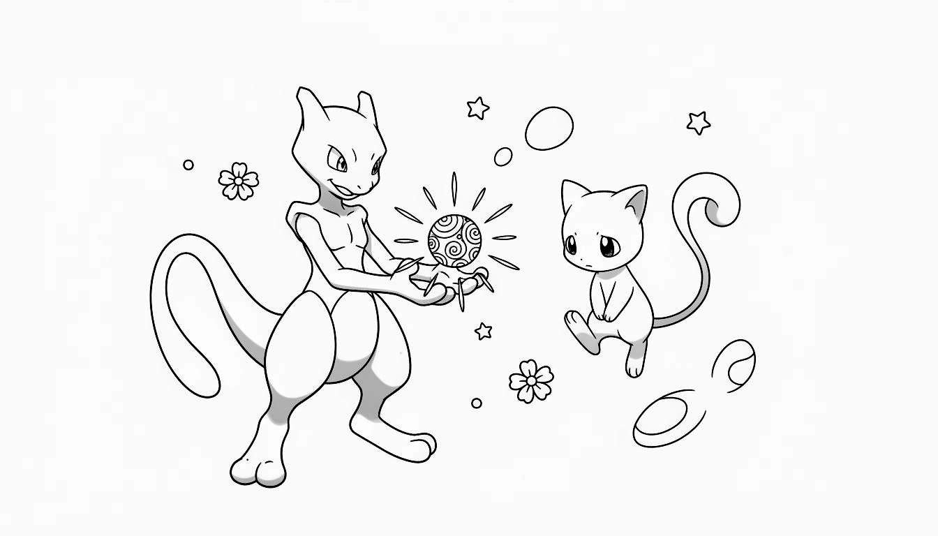 Zwart-wit kleurplaat van Mewtwo die een gloeiende energiebal vasthoudt en lachend naar Mew kijkt. Mew, zwevend, kijkt nieuwsgierig naar de bal. Achtergrond met bloemen, sterren en cirkels.