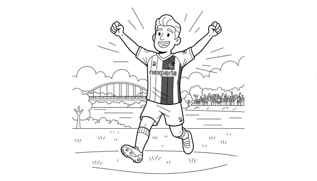 Kleurplaat van lachende NEC-voetballer in gestreept shirt viert overwinning met armen omhoog, omringd door juichende fans en boogbrug op grasveld.