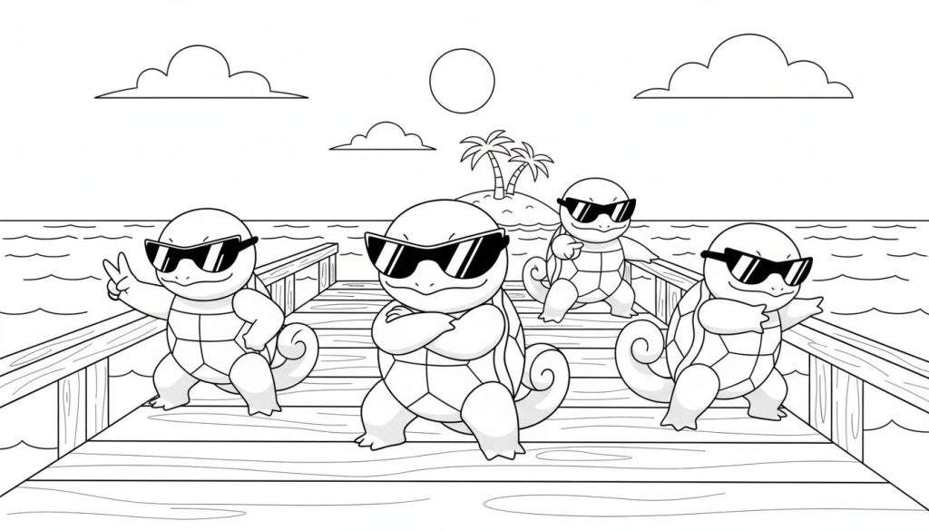 Zwart-wit lijntekening kleurplaat van vier cartoonachtige schildpadden, lijkend op Squirtle, met zonnebrillen. Ze staan op een houten pier boven golvend water. Op de achtergrond is een eiland met twee palmbomen te zien, en in de lucht drie wolken met een lege cirkel voor de zon/maan. De schildpadden hebben diverse poses: een maakt een vredesteken, een heeft de armen over elkaar, een wijst en een reikt uit.