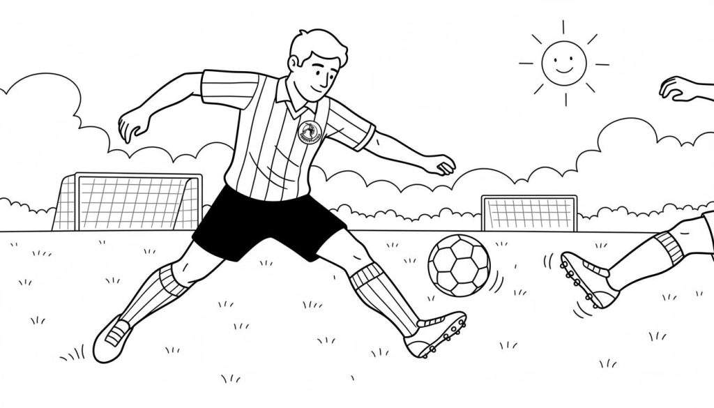 Zwart-wit kleurplaat van een glimlachende Sparta Rotterdam voetballer in gestreept shirt die de bal schopt, met een tegenstander, twee doelen, lachende zon en wolken op de achtergrond.