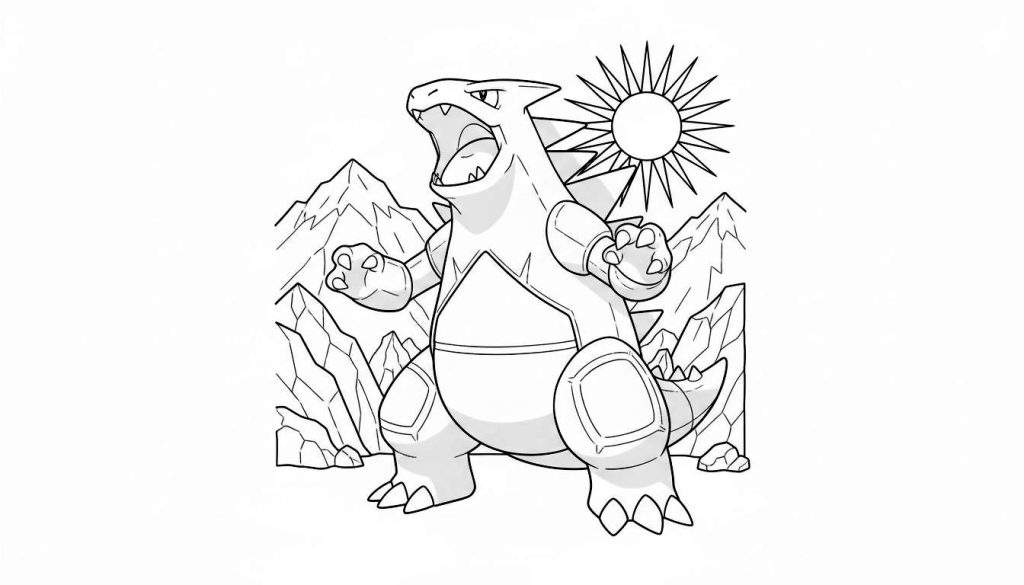 Kleurplaat van Tyranitar, een brullende, gepantserde Pokémon met scherpe tanden en klauwen, tegen een achtergrond van puntige bergen, een stralende zon en rotsblokken. Zwart-wit lijntekening.