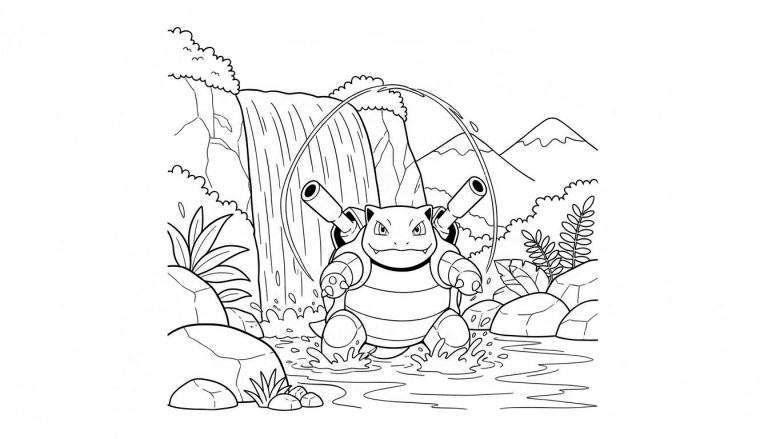 Kleurplaat van Blastoise in water die water schiet bij een waterval, omringd door rotsen, planten en bergen op de achtergrond.