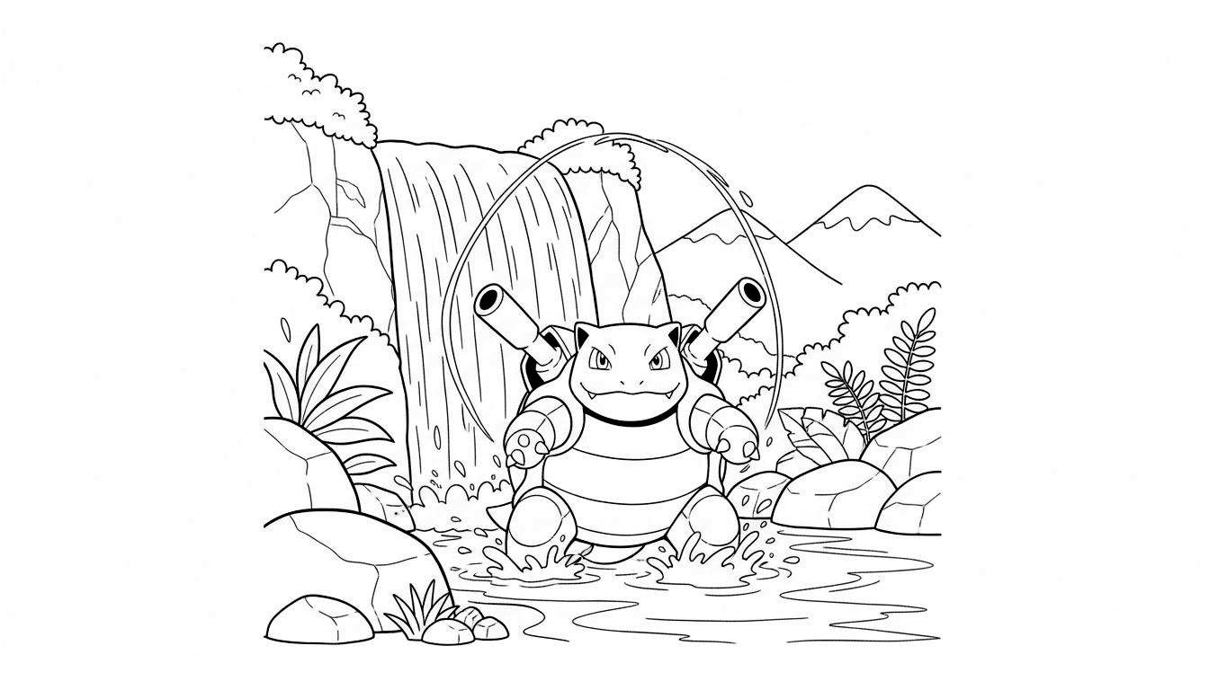 Kleurplaat van Blastoise in water die water schiet bij een waterval, omringd door rotsen, planten en bergen op de achtergrond.