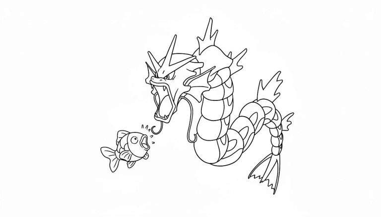 Lijntekening van een woeste Gyarados met opengesperde bek die een kleine, geschrokken Magikarp verrast of intimideert, perfect als Pokémon kleurplaat.