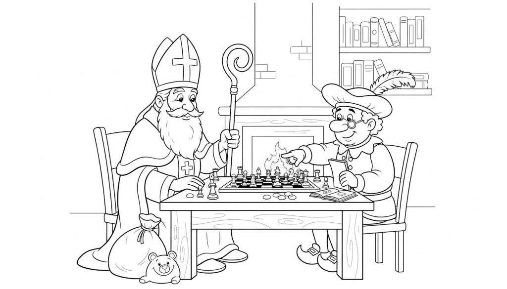 Kleurplaat van Sinterklaas en een man die schaken bij een open haard, omringd door boeken. Sinterklaas heeft een mijter en kromstaf, de andere man een hoed met veer en bril.