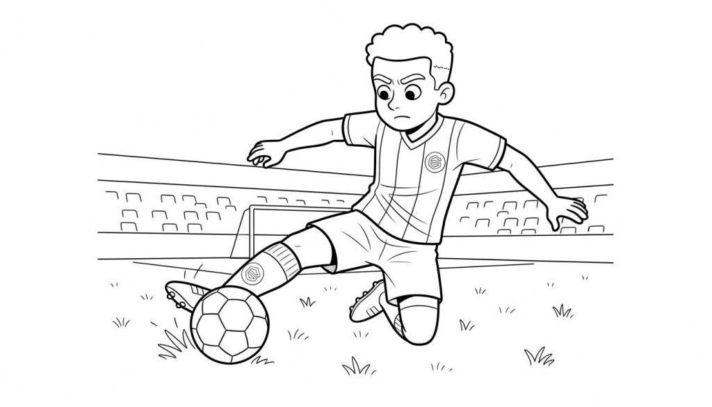 Zwart-wit kleurplaat van een geconcentreerde jonge voetballer met krullend haar die een bal dribbelt in een voetbalstadion, met logo's op zijn shirt en scheenbeschermer, en een FC Groningen thema.