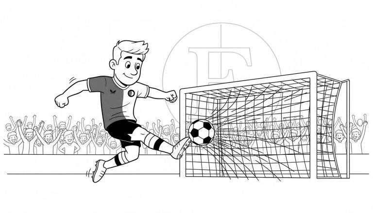 Zwart-wit kleurplaat van een lachende jongen in een Feyenoord-voetbaltenue die springend een doelpunt scoort, met de bal in het net en juichende fans op de achtergrond. Rechtsboven een vaag 'F'-logo.