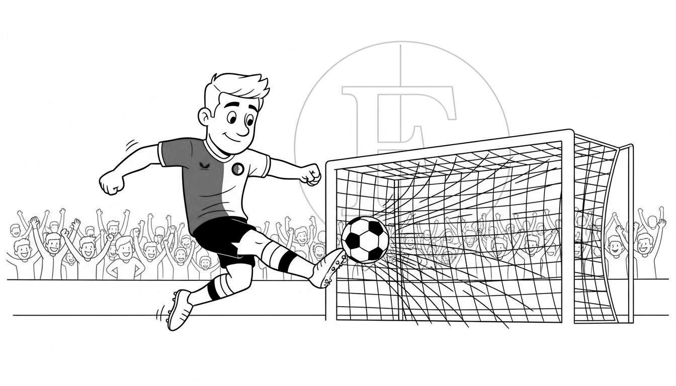 Zwart-wit kleurplaat van een lachende jongen in een Feyenoord-voetbaltenue die springend een doelpunt scoort, met de bal in het net en juichende fans op de achtergrond. Rechtsboven een vaag 'F'-logo.