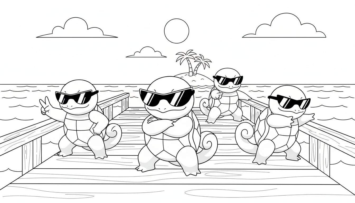 Zwart-wit lijntekening kleurplaat van vier cartoonachtige schildpadden, lijkend op Squirtle, met zonnebrillen. Ze staan op een houten pier boven golvend water. Op de achtergrond is een eiland met twee palmbomen te zien, en in de lucht drie wolken met een lege cirkel voor de zon/maan. De schildpadden