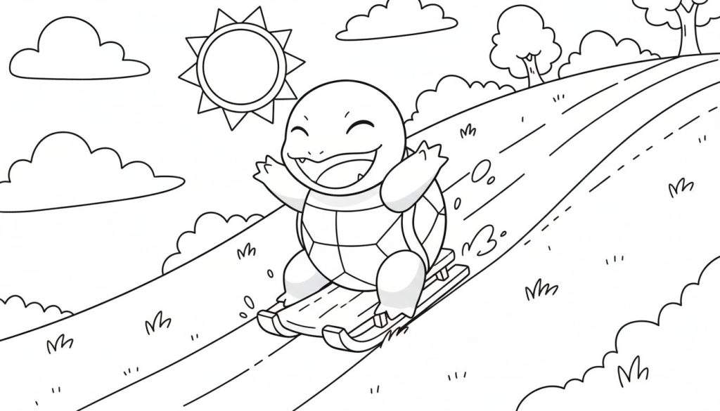 Zwart-wit kleurplaat van vrolijke Squirtle Pokémon op slee die van een helling glijdt, met gras, bomen, zon en wolken op de achtergrond.