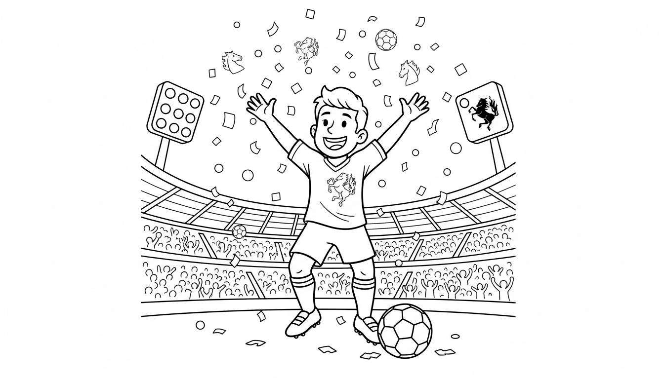 Kleurplaat van een juichende FC Twente voetballer met paard logo in een vol voetbalstadion, omringd door confetti, voetballen en paardenfiguren, met een lichtmast en scorebord.