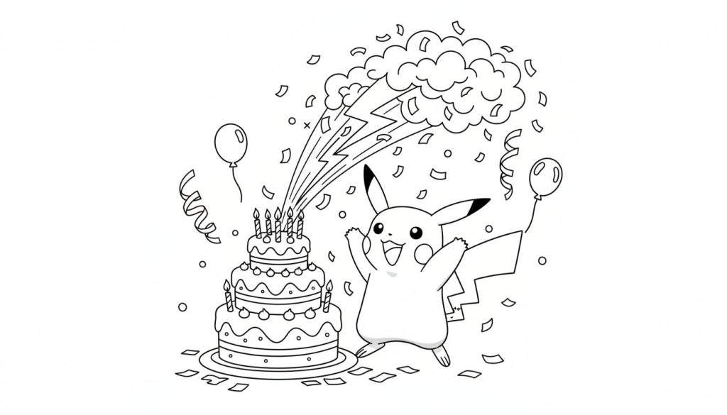 Zwart-wit kleurplaat van een vrolijke Pikachu die feestviert bij een drielaagse verjaardagstaart met kaarsjes, confetti, ballonnen en bliksemschichten.