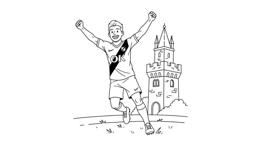 Zwart-wit kleurplaat van een juichende NAC Breda voetballer in wit shirt met 'OK' en Nike-logo, met een kasteel op de achtergrond.