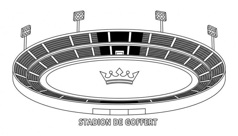 Zwart-wit kleurplaat van het Goffertstadion van NEC, met ovale tribunes, vier lichtmasten, een leeg voetbalveld, een kroon in het midden en een voetbaldoel. Tekst: 'STADION DE GOFFERT'.