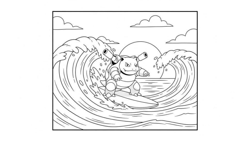 Zwart-wit kleurplaat van Pokémon Blastoise die op een surfplank over een golf surft, met waterkanonnen, spatwater, en een grote zon of maan aan de horizon.