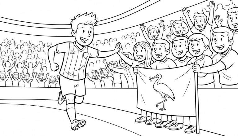 Zwart-wit kleurplaat van een lachende ADO Den Haag voetballer die een high-five geeft aan een fan, met een groep supporters die een vlag met een ooievaar vasthouden, en juichende toeschouwers op de tribunes in een voetbalstadion.