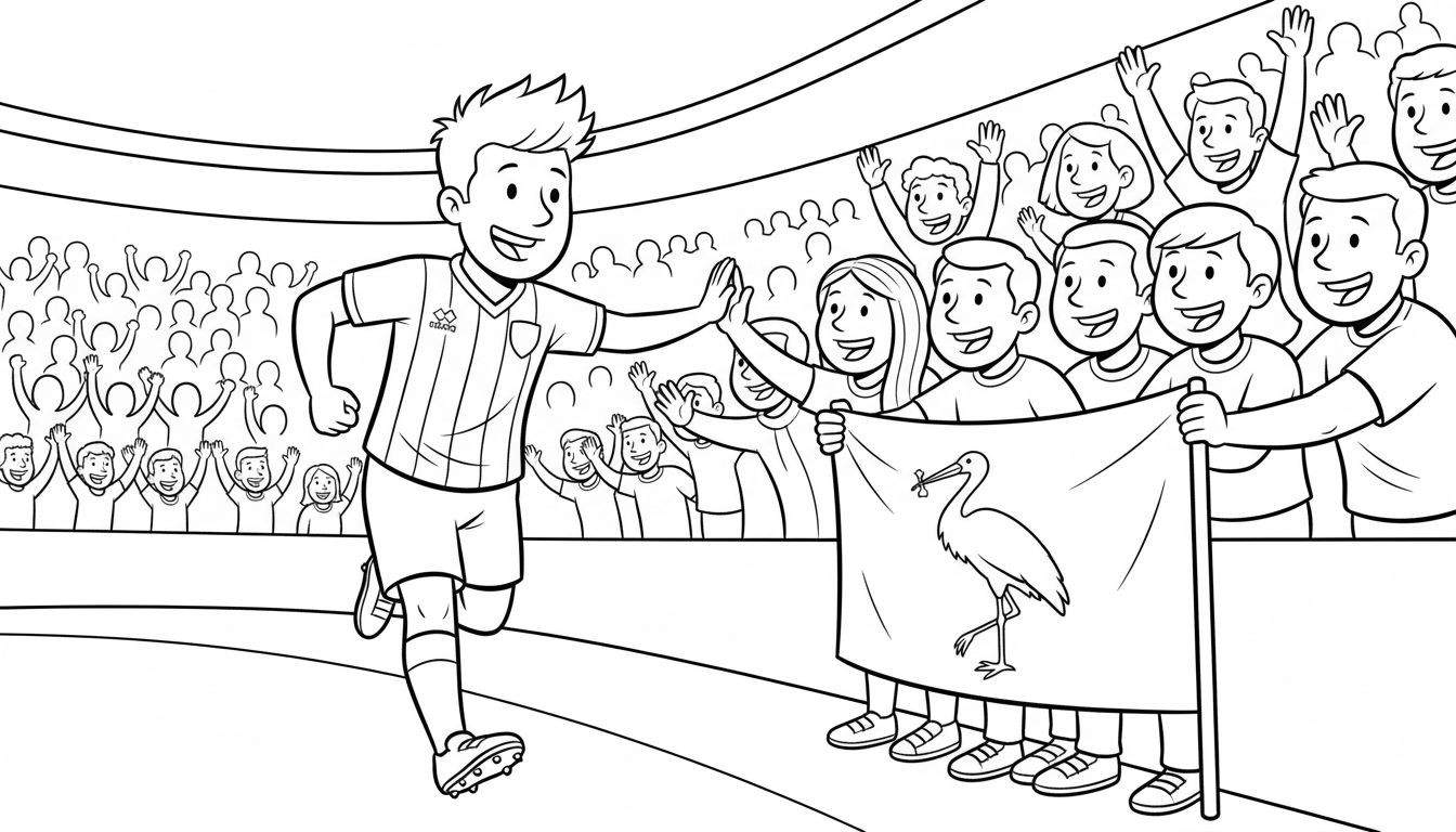 Zwart-wit kleurplaat van een lachende ADO Den Haag voetballer die een high-five geeft aan een fan, met een groep supporters die een vlag met een ooievaar vasthouden, en juichende toeschouwers op de tribunes in een voetbalstadion.