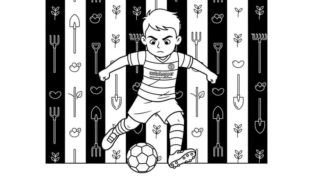 Zwart-wit kleurplaat van een vastberaden voetballende jongen in een gestreept Autohopper shirt, met de bal voor zijn linkervoet. De achtergrond toont verticale banen met herhalende tuingereedschap en plantpatronen in contrasterende kleuren, gerelateerd aan De Graafschap.
