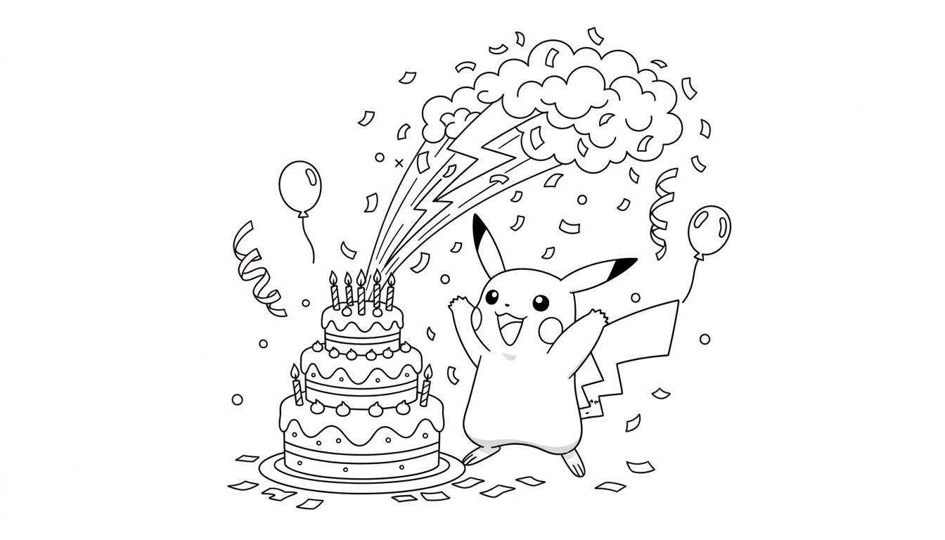 Zwart-wit kleurplaat van een vrolijke Pikachu die feestviert bij een drielaagse verjaardagstaart met kaarsjes, confetti, ballonnen en bliksemschichten.