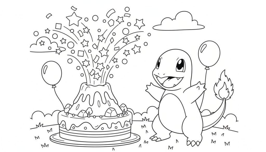 Zwart-wit kleurplaat van een vrolijke Charmander die een feestje viert met een taart, ballonnen, en confetti op een grasveld met wolken.