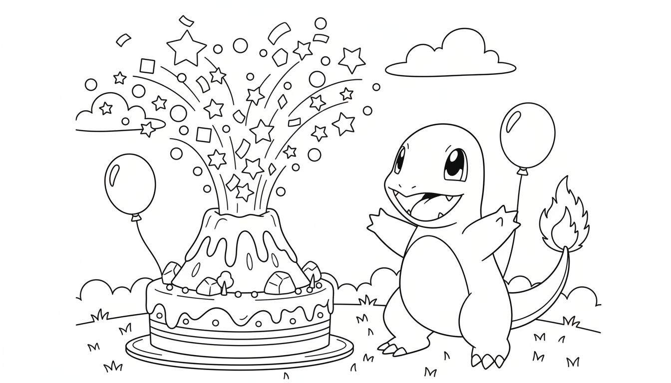 Zwart-wit kleurplaat van een vrolijke Charmander die een feestje viert met een taart, ballonnen, en confetti op een grasveld met wolken.