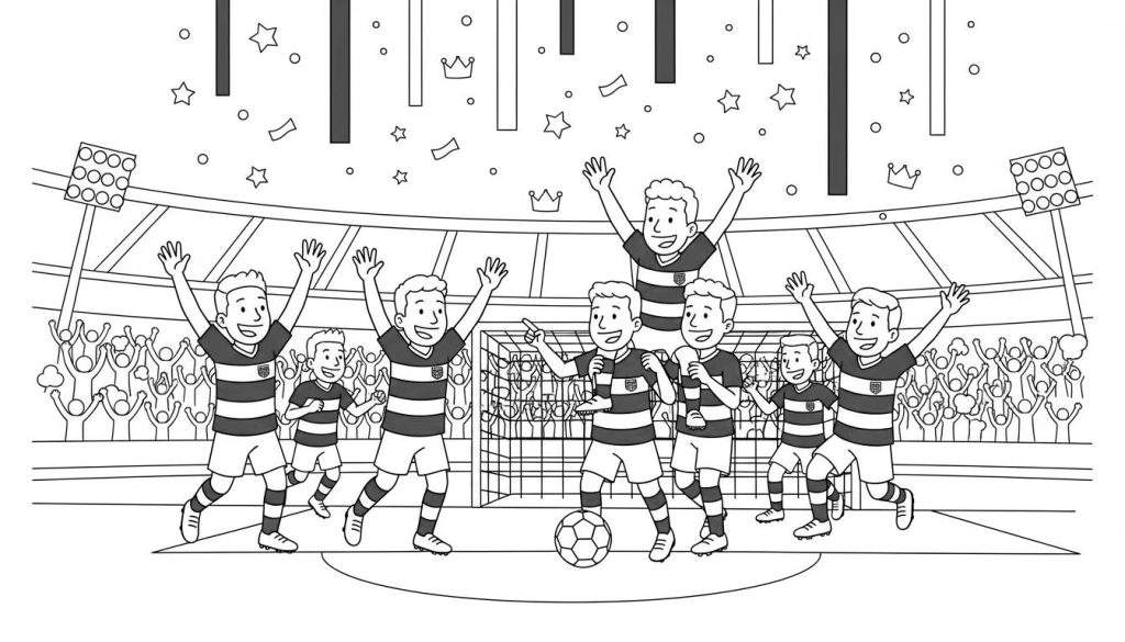 Kleurplaat van een PEC Zwolle voetbalteam dat een overwinning viert in een stadion, met juichende spelers, supporters, confetti en een voetbaldoel.