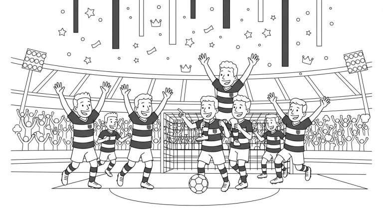 Kleurplaat van een PEC Zwolle voetbalteam dat een overwinning viert in een stadion, met juichende spelers, supporters, confetti en een voetbaldoel.