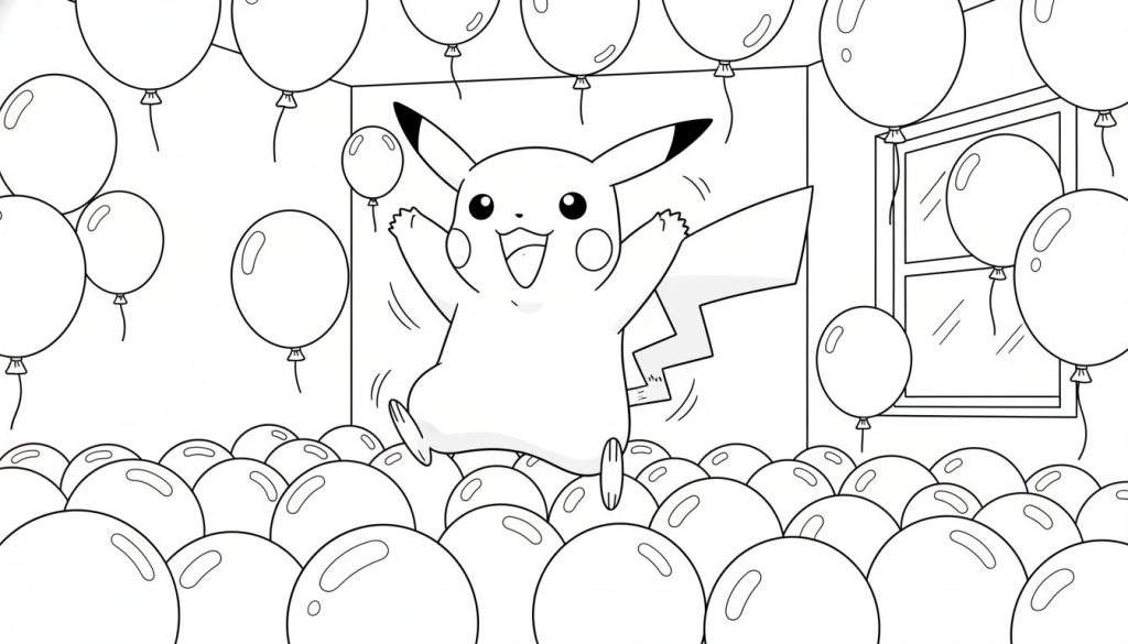 Kleurplaat van Pikachu die vrolijk springt tussen een overvloed aan feestelijke ballonnen in een kamer met een raam.