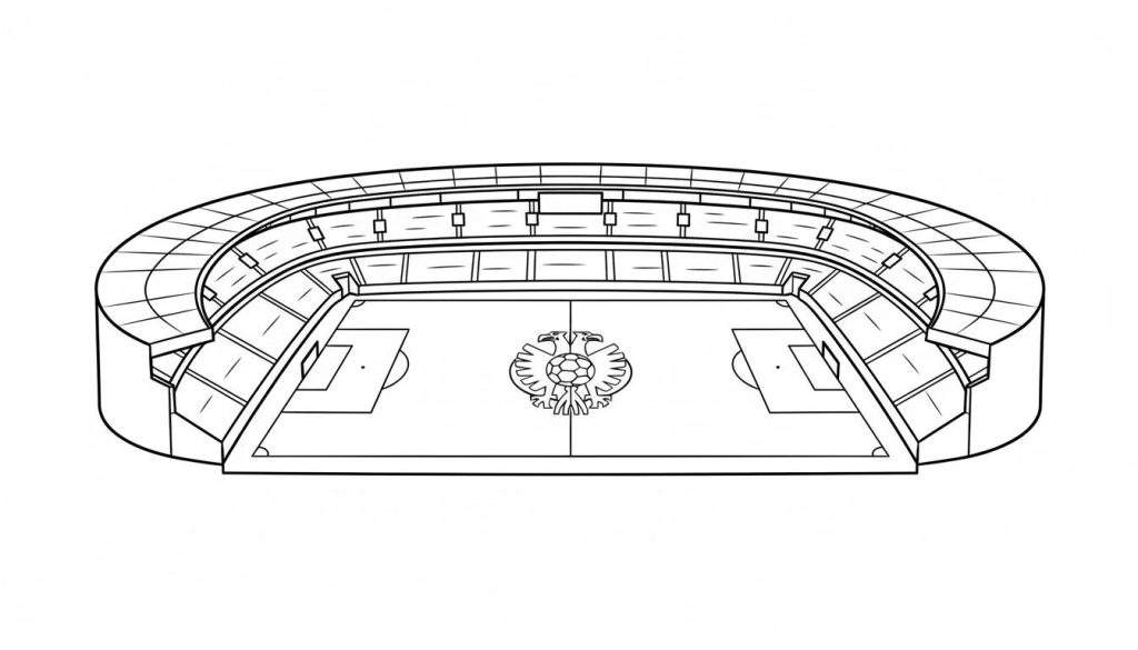 Zwart-wit lijntekening van een voetbalstadion met veld, tribunes en een tweekoppige adelaar met voetbal op de middenstip, gelijkend op het DFB-logo.