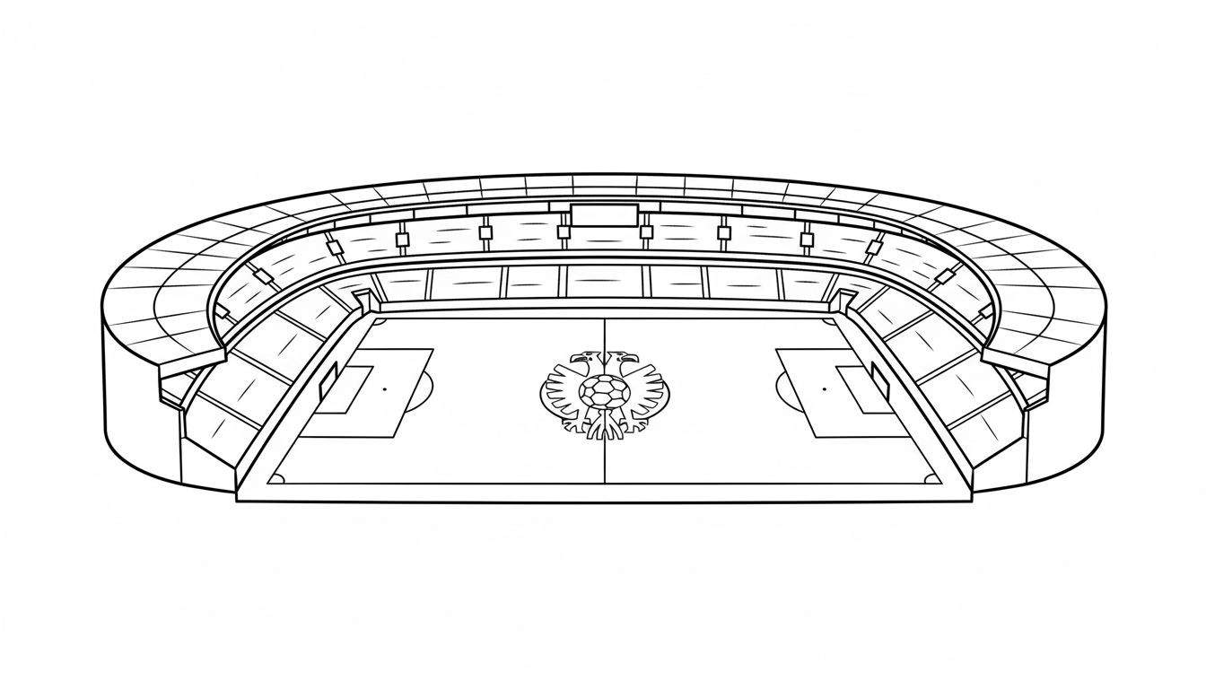 Zwart-wit lijntekening van een voetbalstadion met veld, tribunes en een tweekoppige adelaar met voetbal op de middenstip, gelijkend op het DFB-logo.