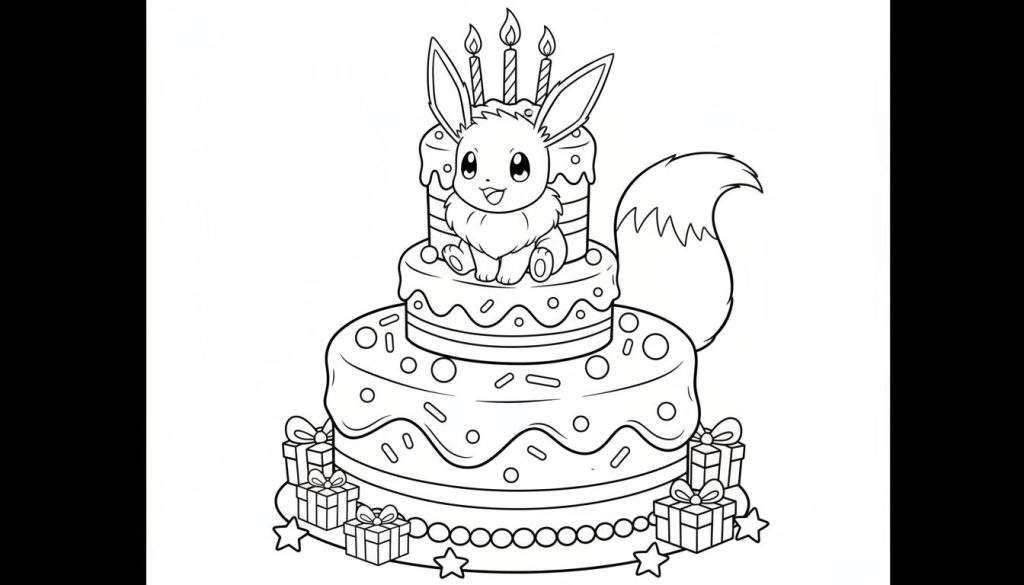 Kleurplaat van Eevee, de Pokémon, zittend op een drielaagse verjaardagstaart met vier kaarsjes, zes cadeautjes en een slinger.