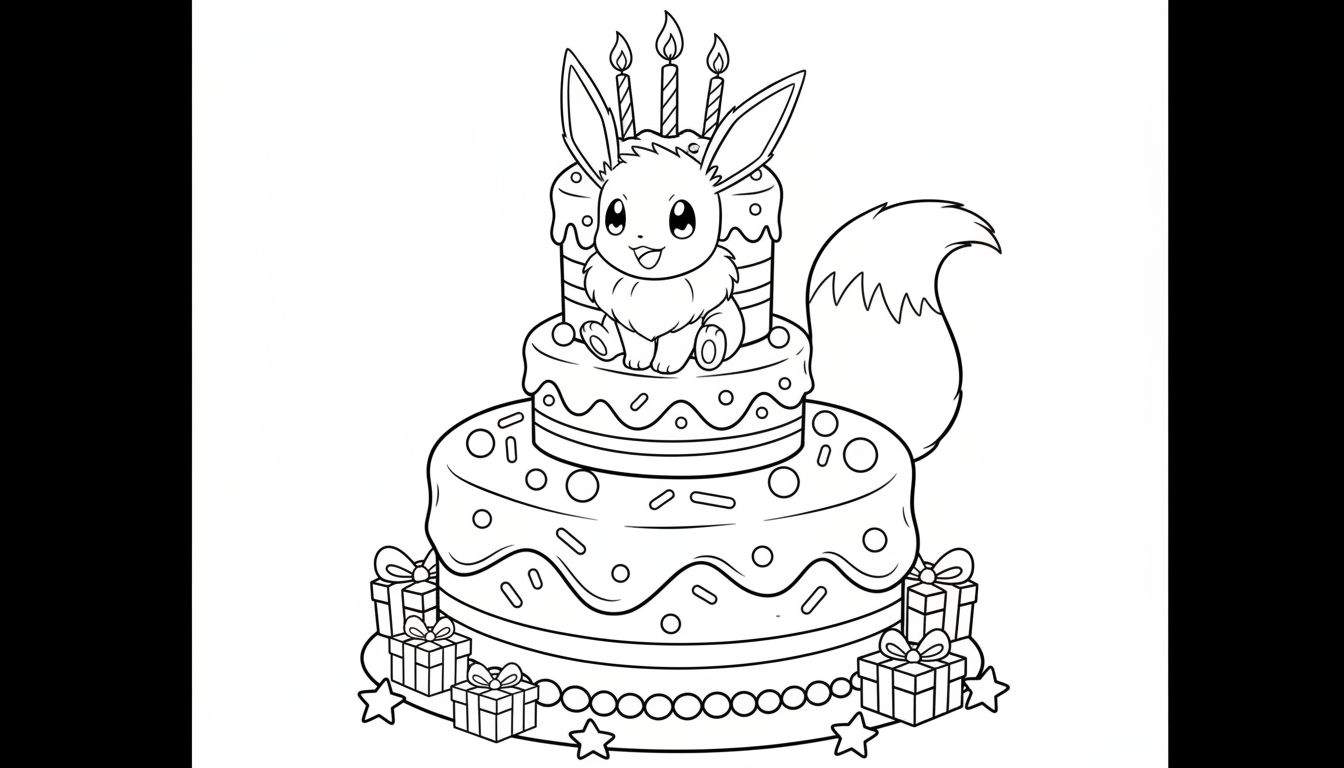 Kleurplaat van Eevee, de Pokémon, zittend op een drielaagse verjaardagstaart met vier kaarsjes, zes cadeautjes en een slinger.