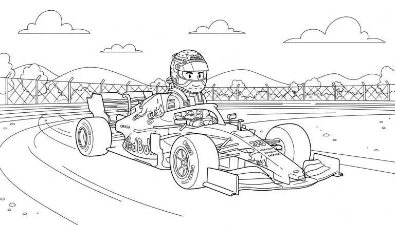Zwart-wit kleurplaat van een cartoonachtige Red Bull Formule 1-auto met nummer 33 en coureur op een racecircuit met een bocht, heuvels en wolken op de achtergrond.