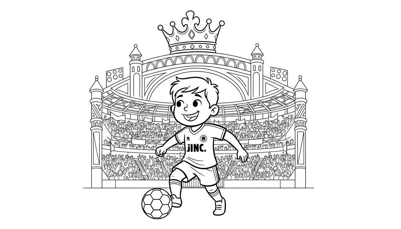 Zwart-wit kleurplaat van een lachende jongen in voetbaltenue met JINC logo die voetbal dribbelt in een stadion vol publiek, met een kroon bovenop het stadion. Onderwerp Excelsior.