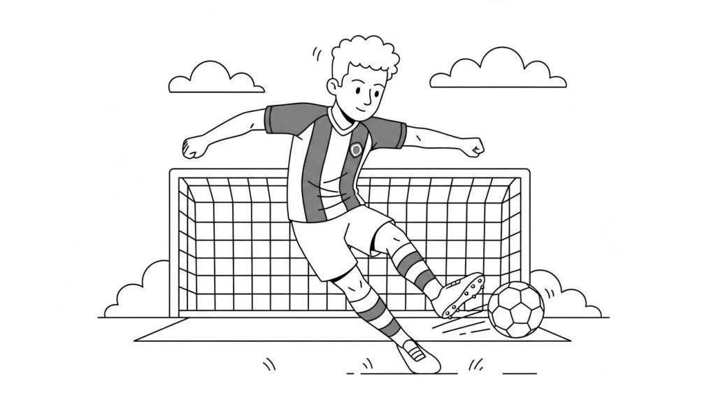 Zwart-wit kleurplaat van een dynamische jongen met krullend haar die in FC Groningen-stijl voetbaltenue een bal trapt richting een doel, met wolken op de achtergrond.