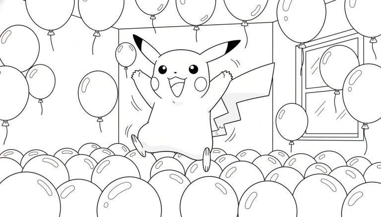 Kleurplaat van Pikachu die vrolijk springt tussen een overvloed aan feestelijke ballonnen in een kamer met een raam.