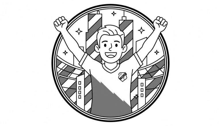 Zwart-wit kleurplaat van een lachende jongeman in een FC Utrecht voetbalshirt die juicht voor een achtergrond van gestileerde gebouwen en sterren, omvat door een cirkelvormig embleem.